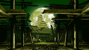 temple with full moon digital wallpaper, digital art, pixel art, artwork, fantasy art