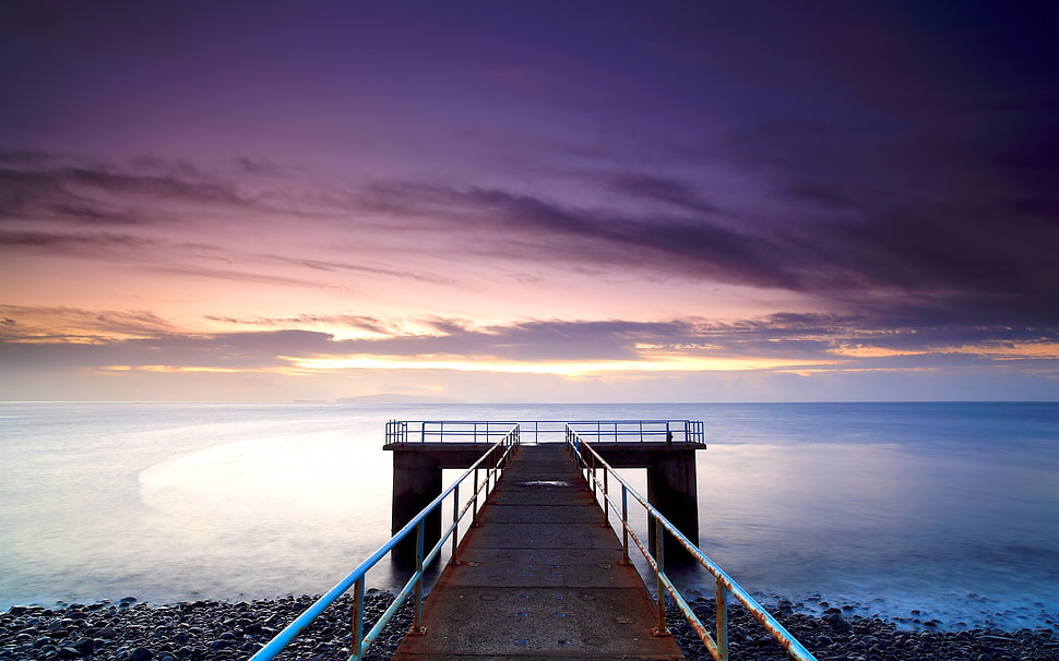 brown metal bridge, pier, sea, sunset, nature HD wallpaper