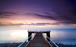 brown metal bridge, pier, sea, sunset, nature