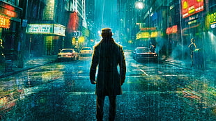 man standing on road during nighttime digital wallpaper