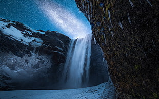 waterfalls at nighttime, landscape, lake, waterfall