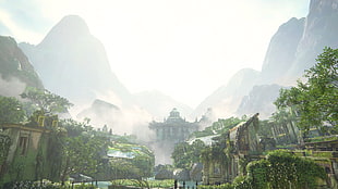green leafed trees, Uncharted 4: A Thief's End, mountains, house, castle