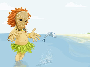cartoon character near ocean illustration