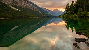 mountain and lake view, lake, mountains, reflection, rocks HD wallpaper