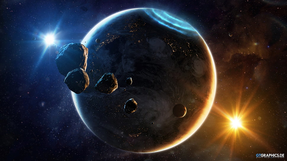moon and sun digital wallpaper, digital art, 3D, space, planet HD wallpaper