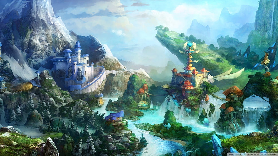 blue and white castle painting, colorful, castle, fantasy art HD wallpaper