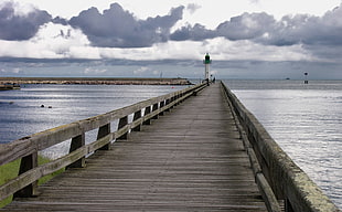 brown pier near white and black lighthouse
