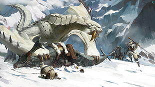 painting of white creature with fang, video games, Monster Hunter, snow, mountains