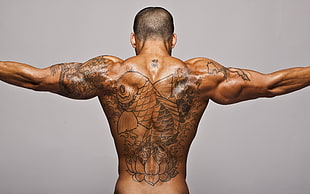 men's black koi fish back tattoo, men, tattoo, muscles, gray background