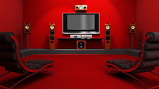 black CRT TV, indoors, television sets, chair, speakers HD wallpaper