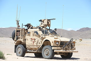 brown Humvee on brown sand field