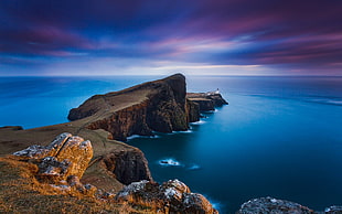 brown cliff, nature, landscape, lighthouse, sunset HD wallpaper