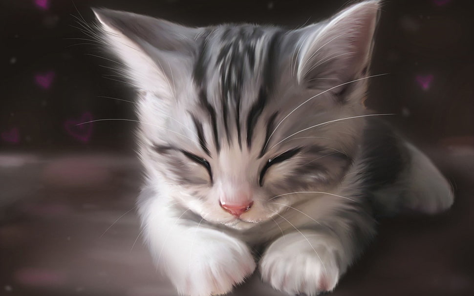 gray and black kitten painting, cat, animals, artwork, drawing HD wallpaper