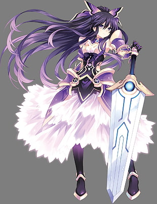 purple haired female character with sword wallpaepr, simple background, armor, cleavage, Date A Live