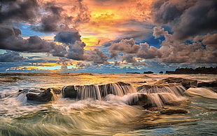 body of water during golden hour wallpaper, nature, landscape, sunset, coast HD wallpaper
