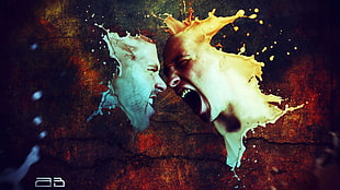 two men faces illustration, 3D, artwork, liquid