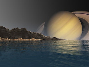 blue sea near mountains with Saturn illustration