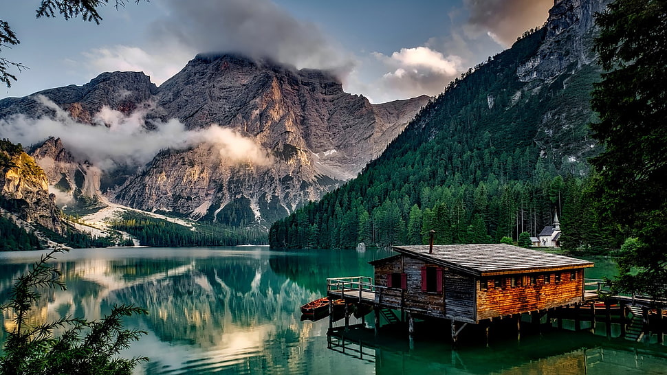 brown wooden house, lake, mountains, landscape, building HD wallpaper