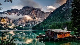 brown wooden house, lake, mountains, landscape, building
