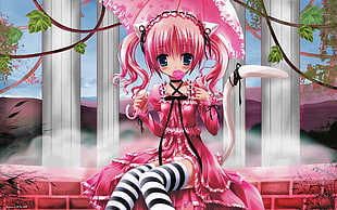 pink haired girl anime character holding umbrella wallpaper