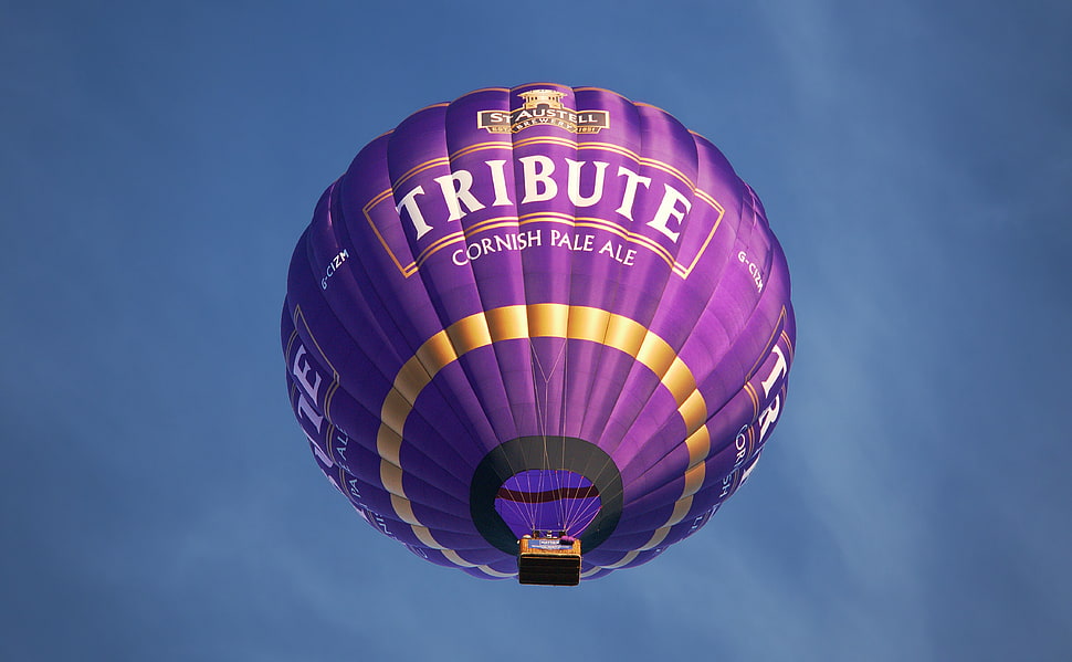 purple hot air balloon flying during dayime HD wallpaper