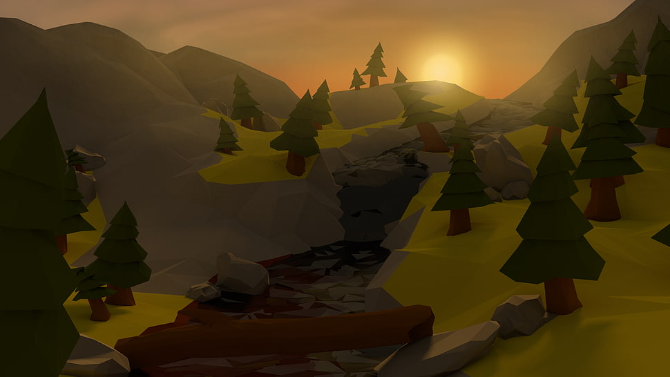 forest and mountains illustration, low poly, sunset HD wallpaper