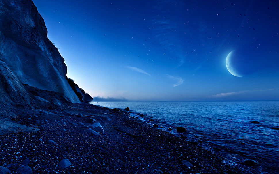 body of water, Moon HD wallpaper