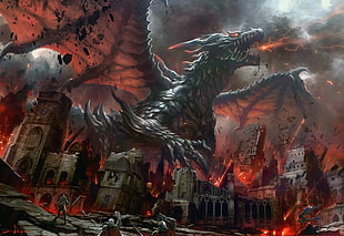 World of Warcraft Cataclysm wallpaper, dragon, fantasy art, fantasy city, fire