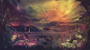 waterfalls under yellow and white clouds painting