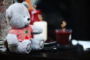 gray Bear with red and white stripes plush toy depth of field photo