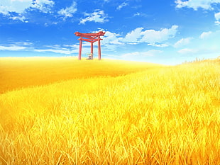 yellow rice field digital wallpaper, digital art, artwork, field, sky
