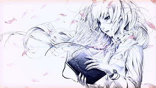 white haired woman holding black book anime sketch HD wallpaper