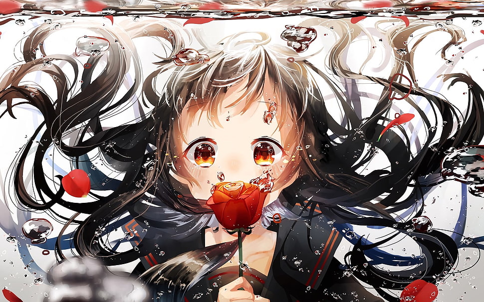 black haired female anime character, rose, underwater, bubbles HD wallpaper