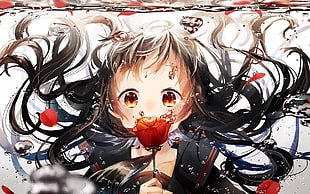 black haired female anime character, rose, underwater, bubbles