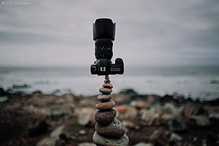 black DSLR camera, photography, nature, symmetry, rocks HD wallpaper