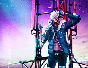 pink haired man in blue jacket anime character illustration
