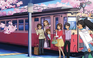 girl in red and yellow dress near train anime scene