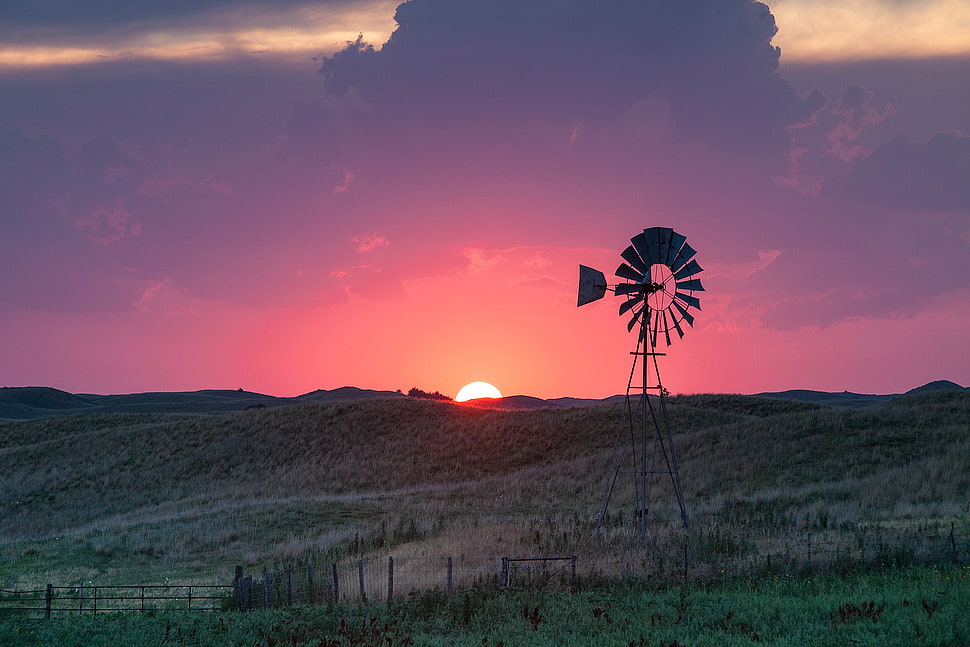 windmill surrounded with green grass, nebraska HD wallpaper