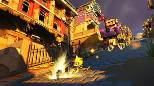 yellow cartoon character running on streets game digital wallpaper