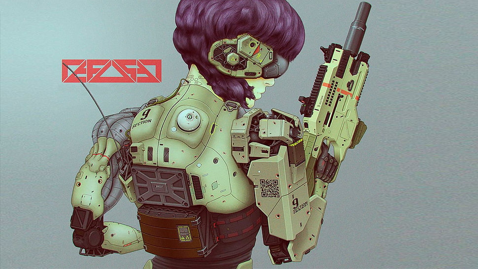 robot soldier illustration, cyberpunk, weapon, Ghost in the Shell, Kusanagi Motoko HD wallpaper