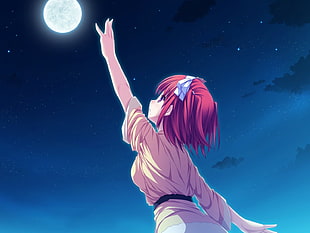 red haired female anime reaching moon poster