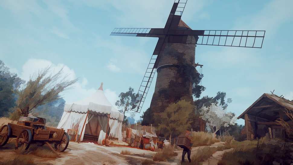 brown windmill painting, The Witcher 3: Wild Hunt, video games, screen shot, painting HD wallpaper