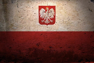 beige and red two colored striped flag with eagle coat of arms HD wallpaper