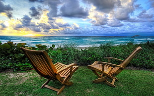 brown wooden picnic table set, nature, landscape, chair, beach HD wallpaper