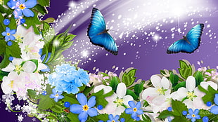 two blue butterflies flying above the blue flowers painting HD wallpaper