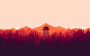 silhouette of trees on mountain slope graphic wallpaper, landscape, mountains, Firewatch HD wallpaper