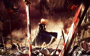 anime character wallpaper, Fate/Stay Night: Unlimited Blade Works, battlefields, sword, rain HD wallpaper