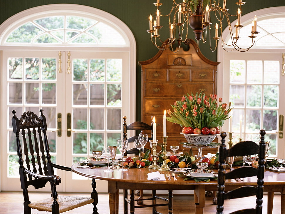 brown wooden dining table and chairs set HD wallpaper