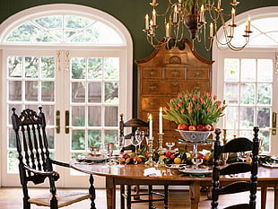 brown wooden dining table and chairs set