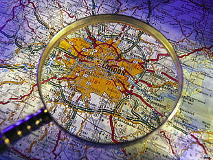 magnifying lens, UK, London, map